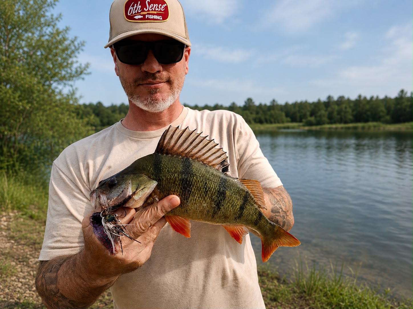 Bram Blokland met een baars gevangen tijdens het vissen met de 6th Sense Fishing Bodega