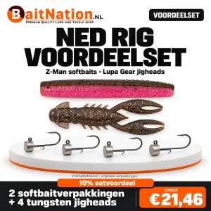 BaitNation Ned Rig Voordeelset met Z-Man Finesse TRD, TRD CrawZ en vier Lupa Gear tungsten Nedrig jigheads