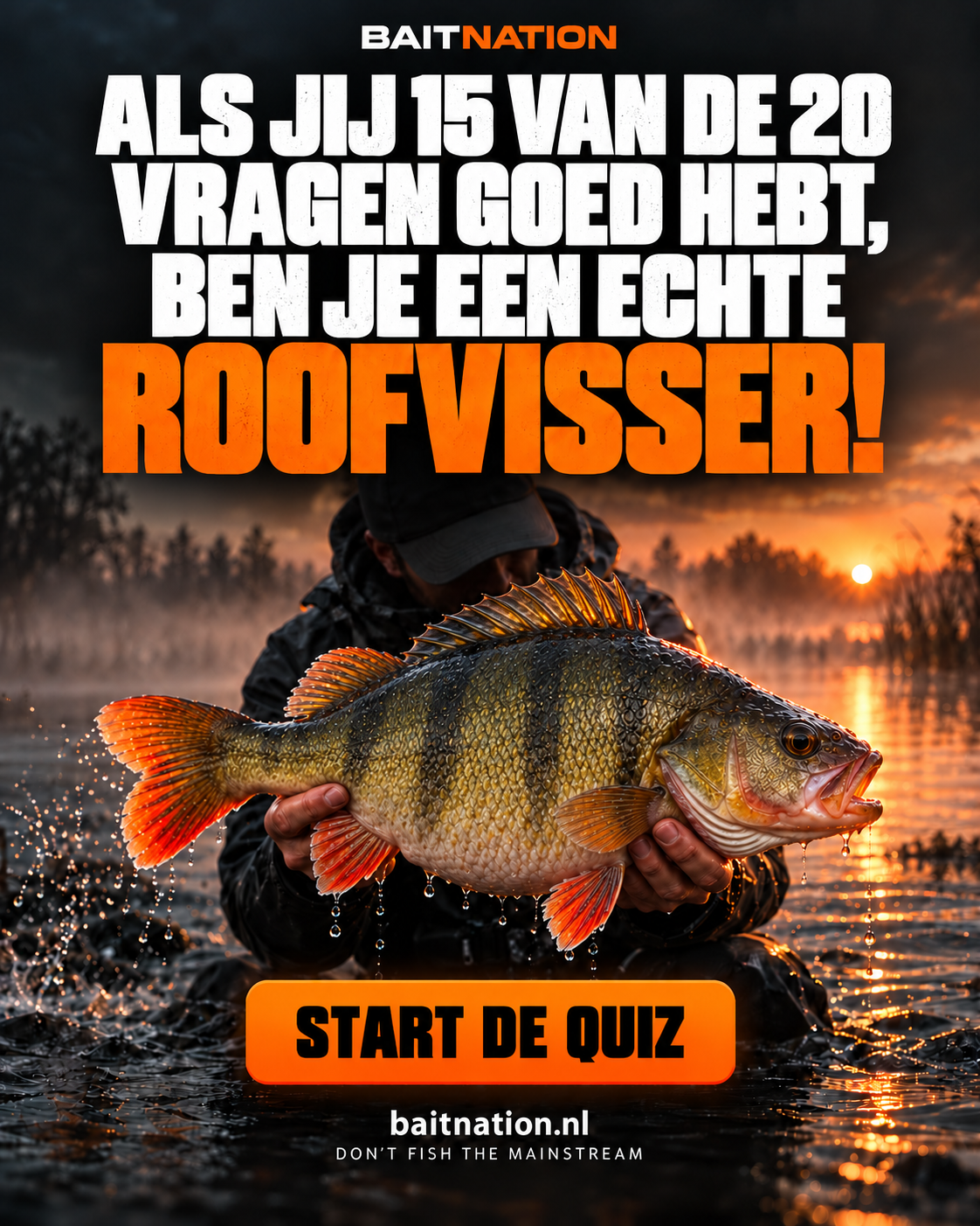 Als jij 15 van de 20 vragen goed hebt, ben je een echte roofvisser! Start de BaitNation roofvisquiz.
